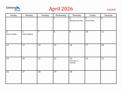 Current month calendar with Iceland holidays for April 2026