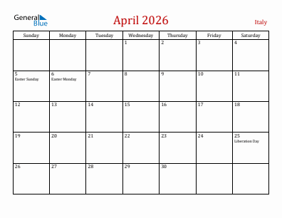 Current month calendar with Italy holidays for April 2026