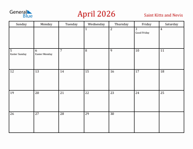 Current month calendar with Saint Kitts and Nevis holidays for April 2026
