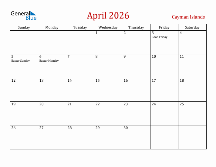 Cayman Islands April 2026 Calendar - Sunday Start