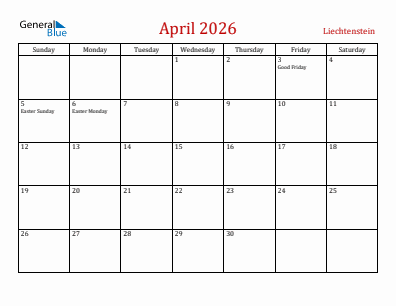 Current month calendar with Liechtenstein holidays for April 2026