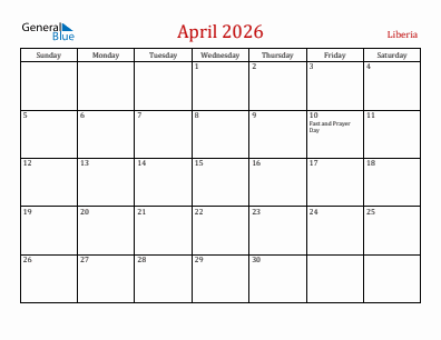 Current month calendar with Liberia holidays for April 2026