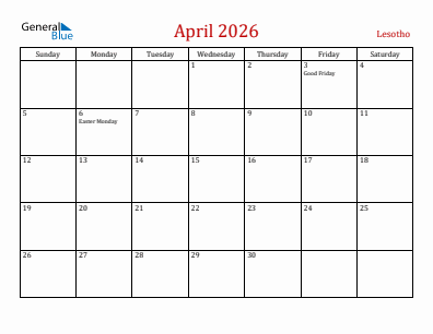Current month calendar with Lesotho holidays for April 2026
