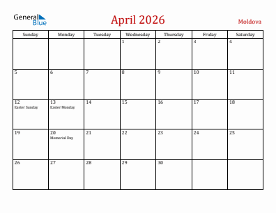 Current month calendar with Moldova holidays for April 2026