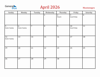 Current month calendar with Montenegro holidays for April 2026