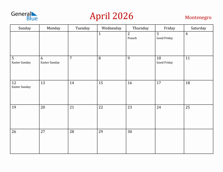 Montenegro April 2026 Calendar - Sunday Start