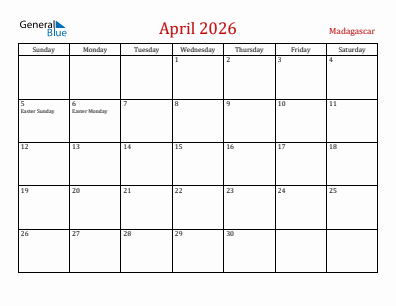 Current month calendar with Madagascar holidays for April 2026