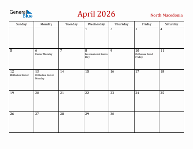 Current month calendar with North Macedonia holidays for April 2026