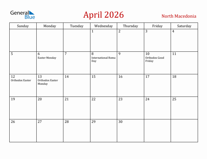 North Macedonia April 2026 Calendar - Sunday Start
