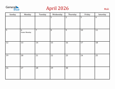 Current month calendar with Mali holidays for April 2026