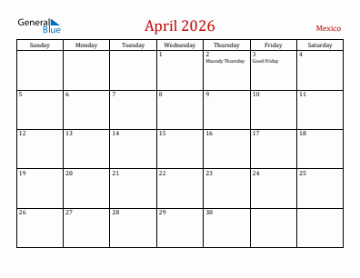 Current month calendar with Mexico holidays for April 2026