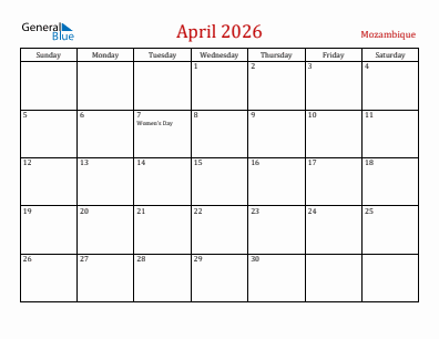 Current month calendar with Mozambique holidays for April 2026
