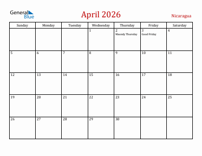 Current month calendar with Nicaragua holidays for April 2026