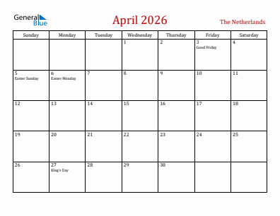 Current month calendar with The Netherlands holidays for April 2026