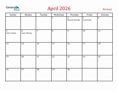 Current month calendar with Norway holidays for April 2026