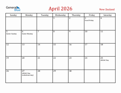 Current month calendar with New Zealand holidays for April 2026