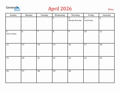Current month calendar with Peru holidays for April 2026