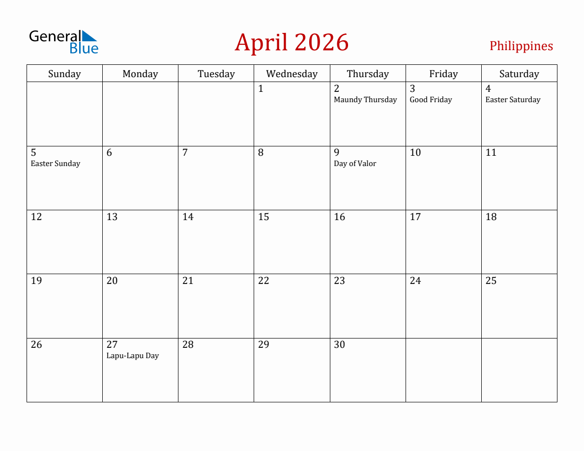 April 2026 Philippines Monthly Calendar with Holidays