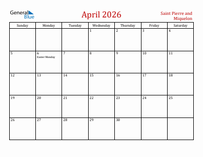 Current month calendar with Saint Pierre and Miquelon holidays for April 2026