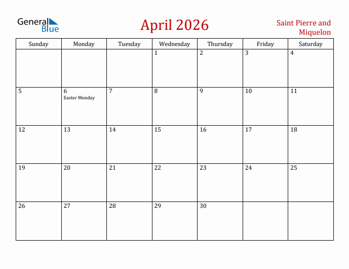 Saint Pierre and Miquelon April 2026 Calendar - Sunday Start