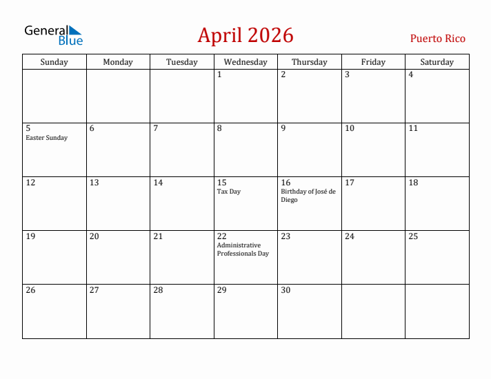 Puerto Rico April 2026 Calendar - Sunday Start