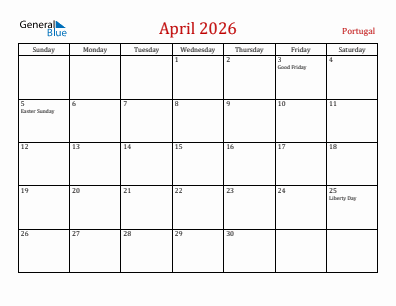 Current month calendar with Portugal holidays for April 2026