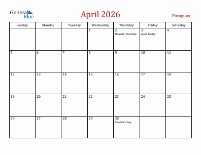 Current month calendar with Paraguay holidays for April 2026