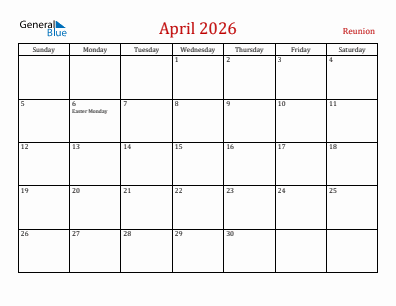 Current month calendar with Reunion holidays for April 2026