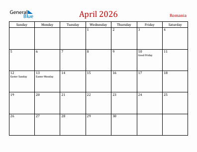 Current month calendar with Romania holidays for April 2026