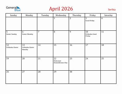Current month calendar with Serbia holidays for April 2026