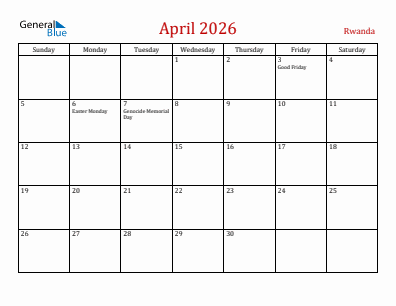 Current month calendar with Rwanda holidays for April 2026