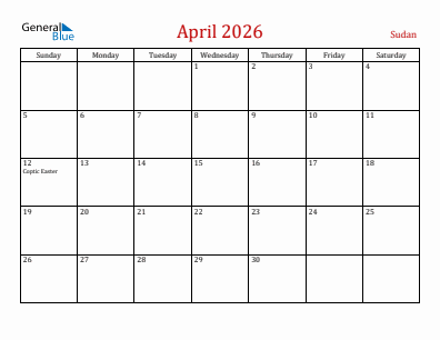 Current month calendar with Sudan holidays for April 2026