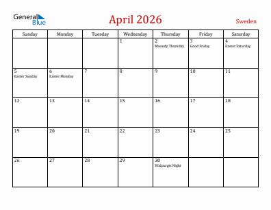 Current month calendar with Sweden holidays for April 2026