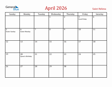 Current month calendar with Saint Helena holidays for April 2026