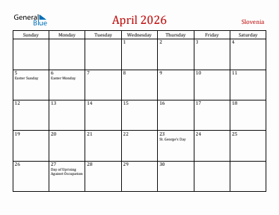 Current month calendar with Slovenia holidays for April 2026