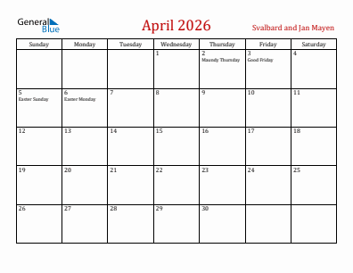Current month calendar with Svalbard and Jan Mayen holidays for April 2026