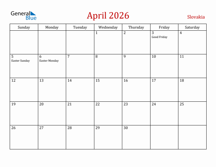 Slovakia April 2026 Calendar - Sunday Start