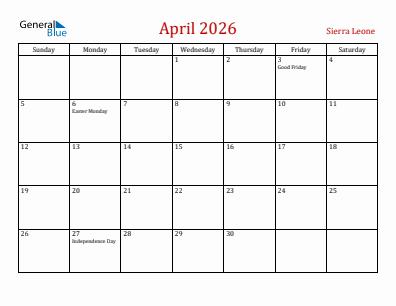 Current month calendar with Sierra Leone holidays for April 2026