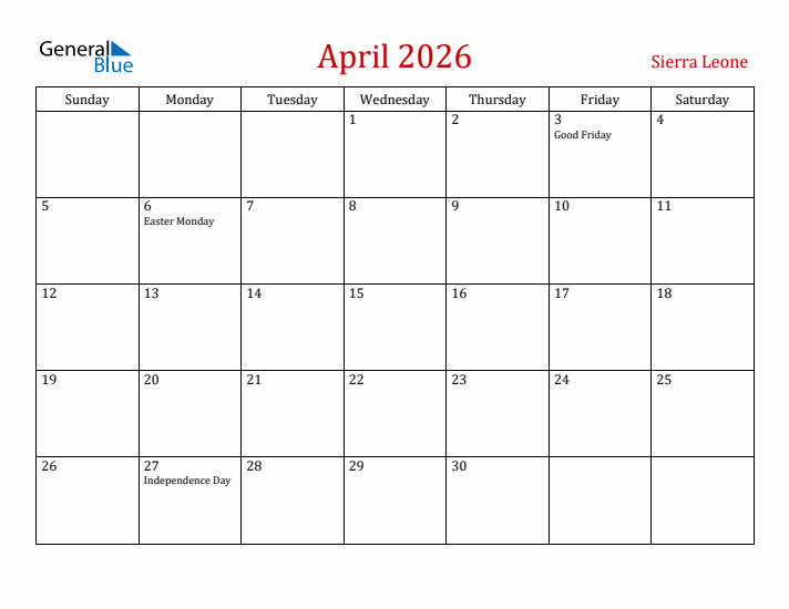 Sierra Leone April 2026 Calendar - Sunday Start