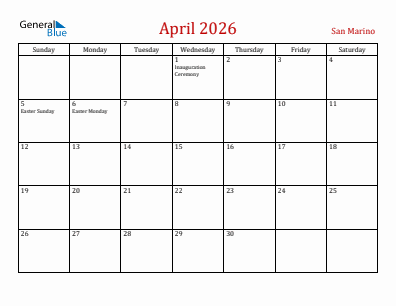Current month calendar with San Marino holidays for April 2026