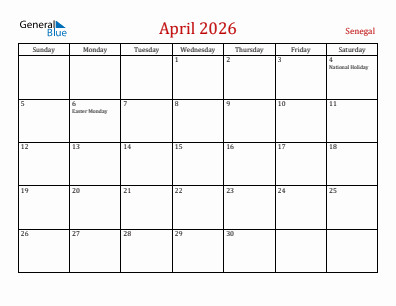 Current month calendar with Senegal holidays for April 2026