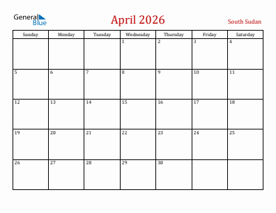 Current month calendar with South Sudan holidays for April 2026