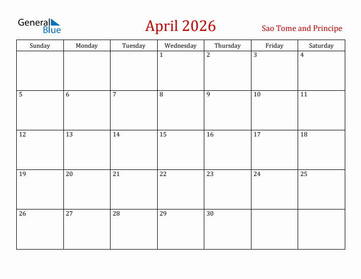 Sao Tome and Principe April 2026 Calendar - Sunday Start