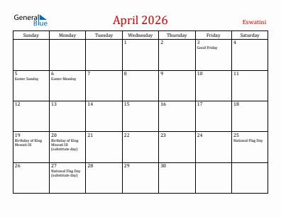 Current month calendar with Eswatini holidays for April 2026