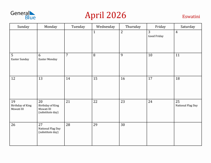 Eswatini April 2026 Calendar - Sunday Start
