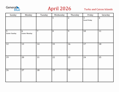 Current month calendar with Turks and Caicos Islands holidays for April 2026