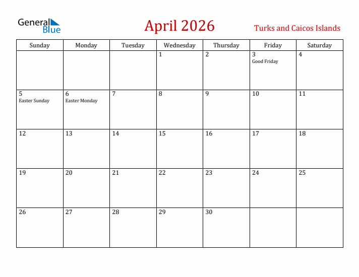 Turks and Caicos Islands April 2026 Calendar - Sunday Start
