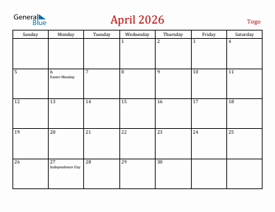 Current month calendar with Togo holidays for April 2026