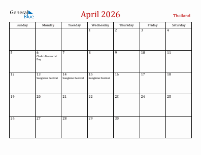 Current month calendar with Thailand holidays for April 2026