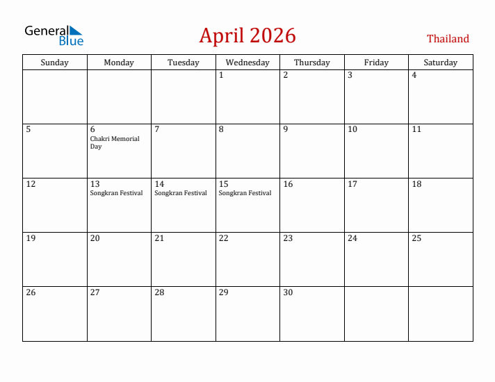 Thailand April 2026 Calendar - Sunday Start
